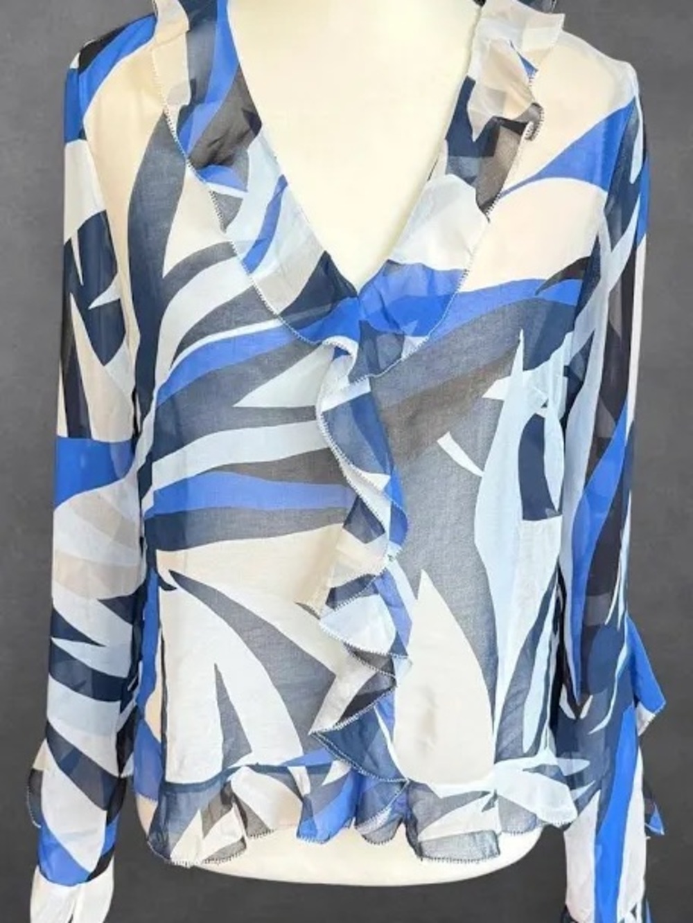 NWTnWhite House Black Market Blue and White Ruffle V-Neck Blouse